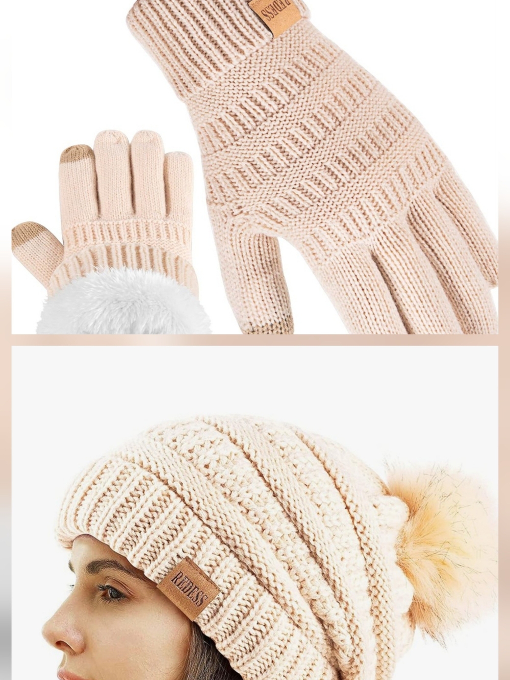 Women's Cream Knit Beanie and Gloves Set